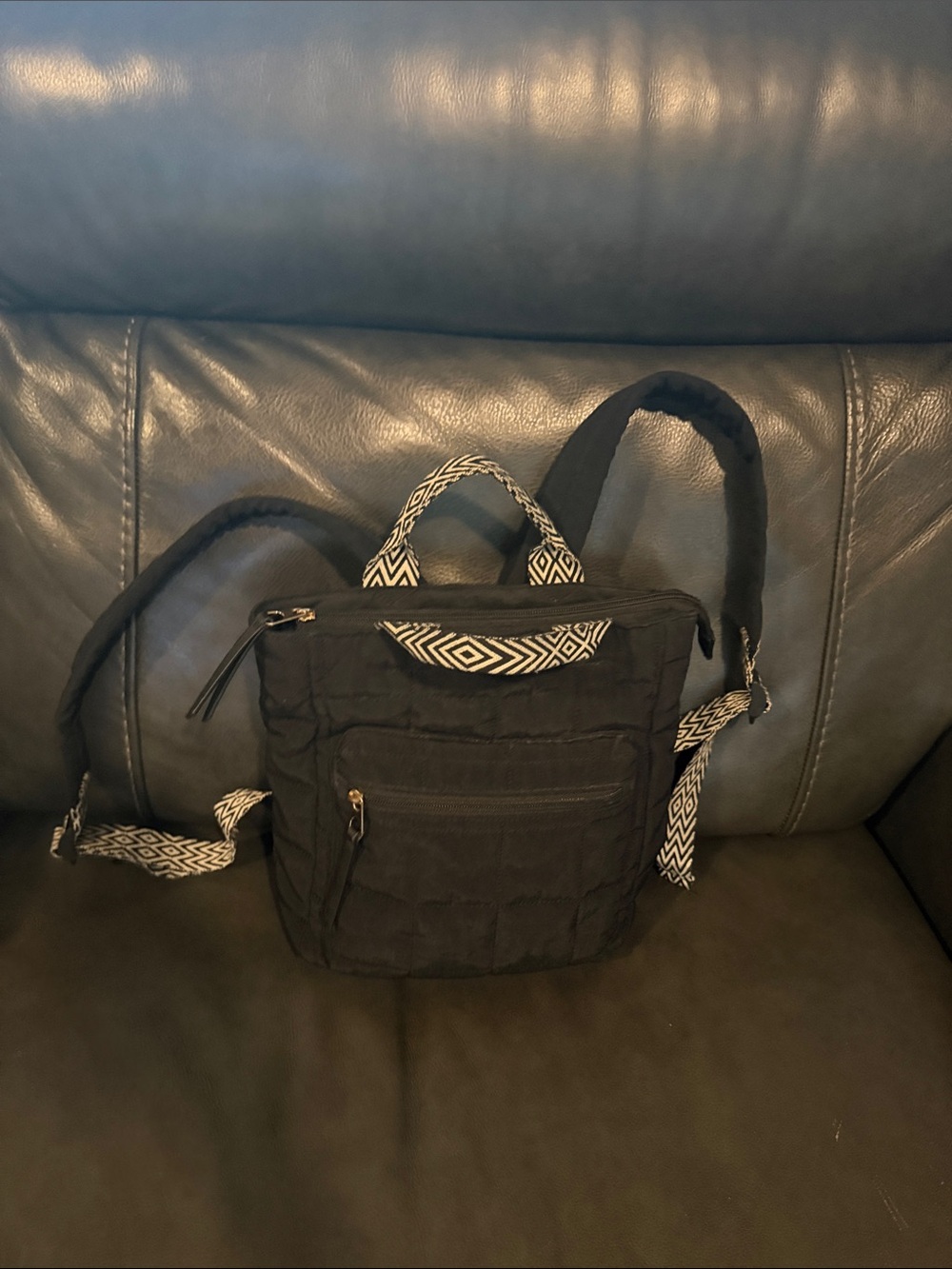 Universal Thread Black Quilted Backpack with Patterned Straps
